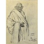 Original Pencil portrait of Mahatma Gandhi a fine 1940s - 1950s Gandhi study signed JA. States it