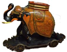 Impressive Hand Painted Large Wooden Elephant in Ebony complete with wheel base, colourfully
