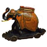 Impressive Hand Painted Large Wooden Elephant in Ebony complete with wheel base, colourfully