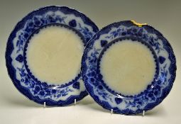 Pair of Victorian Blue and White Plates large oval shaped with floral border design measuring 43 x