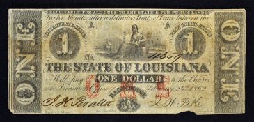 Confederate States Of America - 1862 The State Of Louisiana $1 Banknote date February 24th. Vignette