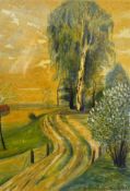 Original Panting - depicting a colourful rural scene with a track and apparent Birch tree, mounted