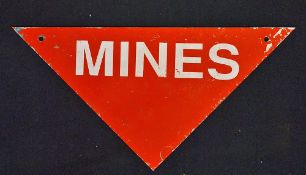 'Mines' Sign red and white metal arrow measures 28cm at base