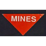 'Mines' Sign red and white metal arrow measures 28cm at base