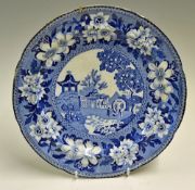 C.1820s John & George Rogers Blue and White 'Elephant' Plate with keeper at Shanghai Zoo design,