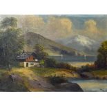 Attributed Adolf Hitler painting - an oil depicts a lake side house with mountainous background,
