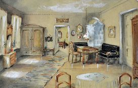 1876 German Water Colour depicting an elegant room, to the reverse text 'Wohnzimmer', Tilsit to