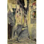 Attributed to Adolf Hitler Artwork - Altes Dorf, shows a steep ascending, narrow street in an old