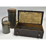 A WWII German vehicle first aid metal box, winter help collecting tin, belt and a gas mask canister.