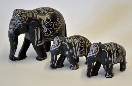 Nice Trio of Stone Carved Elephants with white decoration contains mum and two baby elephants
