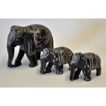 Nice Trio of Stone Carved Elephants with white decoration contains mum and two baby elephants