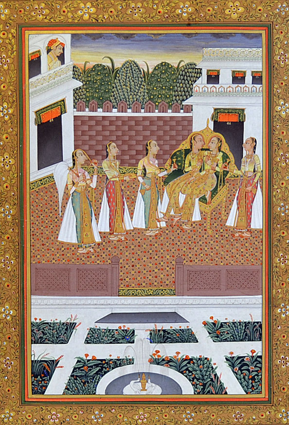 Indian miniature painting of two Princesses lovers embracing surrounded by female onlookers and a