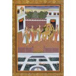 Indian miniature painting of two Princesses lovers embracing surrounded by female onlookers and a