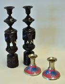 Pair of Mahogany Candlestick Holders with elephant decoration, stand at 29cm approx. plus a pair