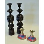 Pair of Mahogany Candlestick Holders with elephant decoration, stand at 29cm approx. plus a pair