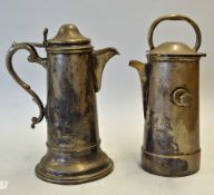 Two Large EPNS Jugs with hinge lids, elegant handle to one, the other a double handled jug with