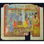 Indian Miniature Painting c19th c showing a domestic scene with a central dancer receiving gifts,