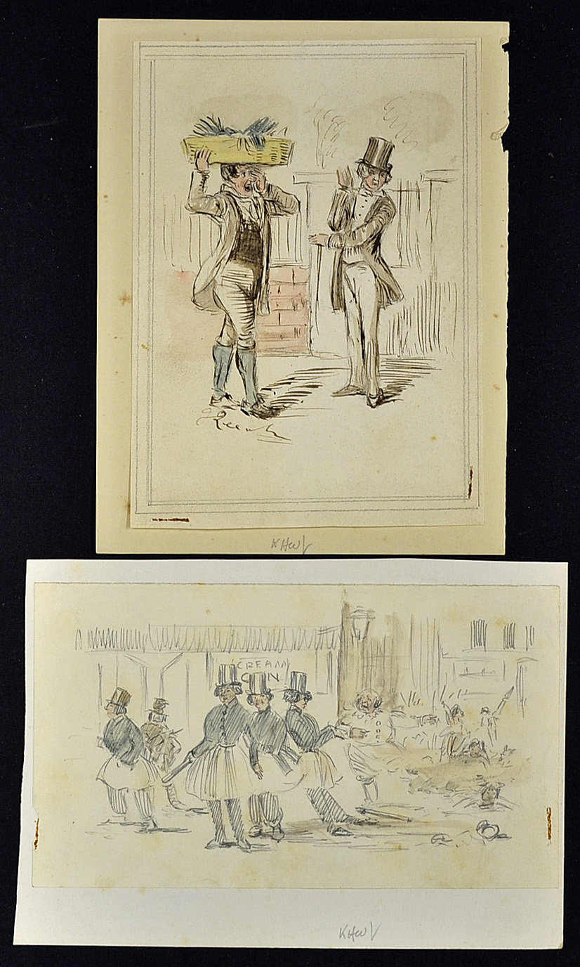 John Leech original Drawings watercolour one signed to the bottom, depicting a pair and group of