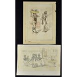 John Leech original Drawings watercolour one signed to the bottom, depicting a pair and group of