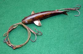 LURE: Fine Gutta Percha Caledonian bait, 4" long incl. curved metal tail, metal fins, black/white