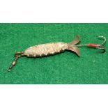 LURE: Rare early double sided glass lure bait, 1.75" long including metal twin fins, pearl silver
