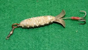 LURE: Rare early double sided glass lure bait, 1.75" long including metal twin fins, pearl silver