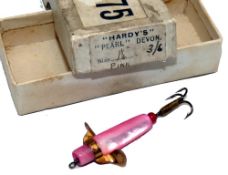 LURE: Rare Hardy Pink Mother of Pearl Devon minnow. 1.25" long body, brass fins set stamped Hardy'