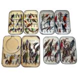 FLY BOXES: (4) Scarce Wheatley copper slim pocket fly box 6"x3.5"x0.5", containing collection of