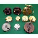 REELS: (10) Collection of wood/brass vintage reels incl. replica Malloch Patent all brass side