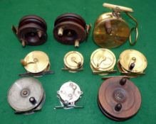 REELS: (10) Collection of wood/brass vintage reels incl. replica Malloch Patent all brass side
