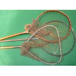 LANDING NETS: (3) Early Hardy metal pear shaped framed wading net with 16" mahogany turned wooden