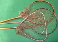 LANDING NETS: (3) Early Hardy metal pear shaped framed wading net with 16" mahogany turned wooden