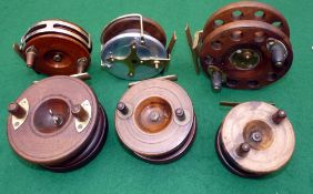 REELS: (6) Collection of 6 Nottingham pattern wood/brass reels, a 4.5" double ventilated Scarborough