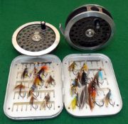 REEL, SPOOL & FLIES: Hardy Sunbeam 7/8 alloy trout fly reel, backplate disc adjuster, good working