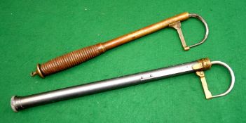 GAFFS: (2) Victorian 2 draw brass salmon gaff, turned wood handle, hinged point protector, hand