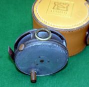 REEL & CASE: (2) Hardy Perfect 3 3/8" alloy trout fly reel, good smoke agate line guide,