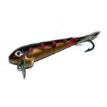 LURE: Rare Hardy Bully Bait wood fishing lure, 1.75" hand painted body in brown and gold with red