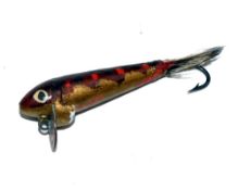 LURE: Rare Hardy Bully Bait wood fishing lure, 1.75" hand painted body in brown and gold with red