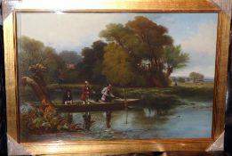 POSTER: Alexander Fredrick Rolf colour early poster, Fishing, three anglers in a punt, in gilt