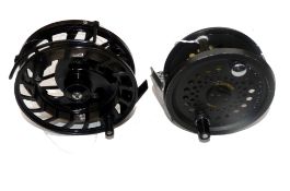 REELS: (2) Leeda Magnum 200D bar stock alloy salmon fly reel, 4" diameter, backplate disc regulator,