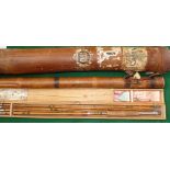 ROD & TUBES: (3) A large heavy vintage hollow bamboo rod tube with leather cap, 58" x5" good