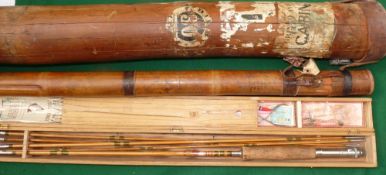 ROD & TUBES: (3) A large heavy vintage hollow bamboo rod tube with leather cap, 58" x5" good