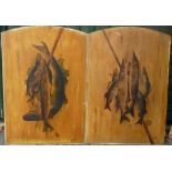PAIR OF OILS ON BOARD: pair of early fish paintings on wooden boards, signed M Nyokees. ,