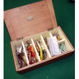 ACCESSORIES: (Qty) Early Hardy Spintac oak lure box, 8.5"x5"x2.5", hinged lid opens to show Hardy