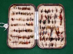 FLY BOX: Hardy Neroda No.6 mottled brown fly box, 6.25"x4"x1.25" deep, chenille bars holding good
