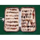 FLY BOX: Hardy Neroda No.6 mottled brown fly box, 6.25"x4"x1.25" deep, chenille bars holding good