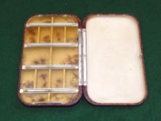 FLY BOX: Fine Hardy Neroda mottled brown dry fly box, 6.25"x4", celluloid sliding lids over