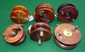REELS: (6) Collection of 6 Nottingham wood/brass starback reels, a 4.5" Slater pattern, horn