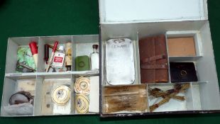 ACCESSORIES: Vintage black japanned tackle box 12"x9"x5", hinged lid, interior reveals lift out