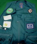 WAISTCOAT: Hardy fly fisher's waistcoat size XXL, green cotton, various badges incl. Abu Record,